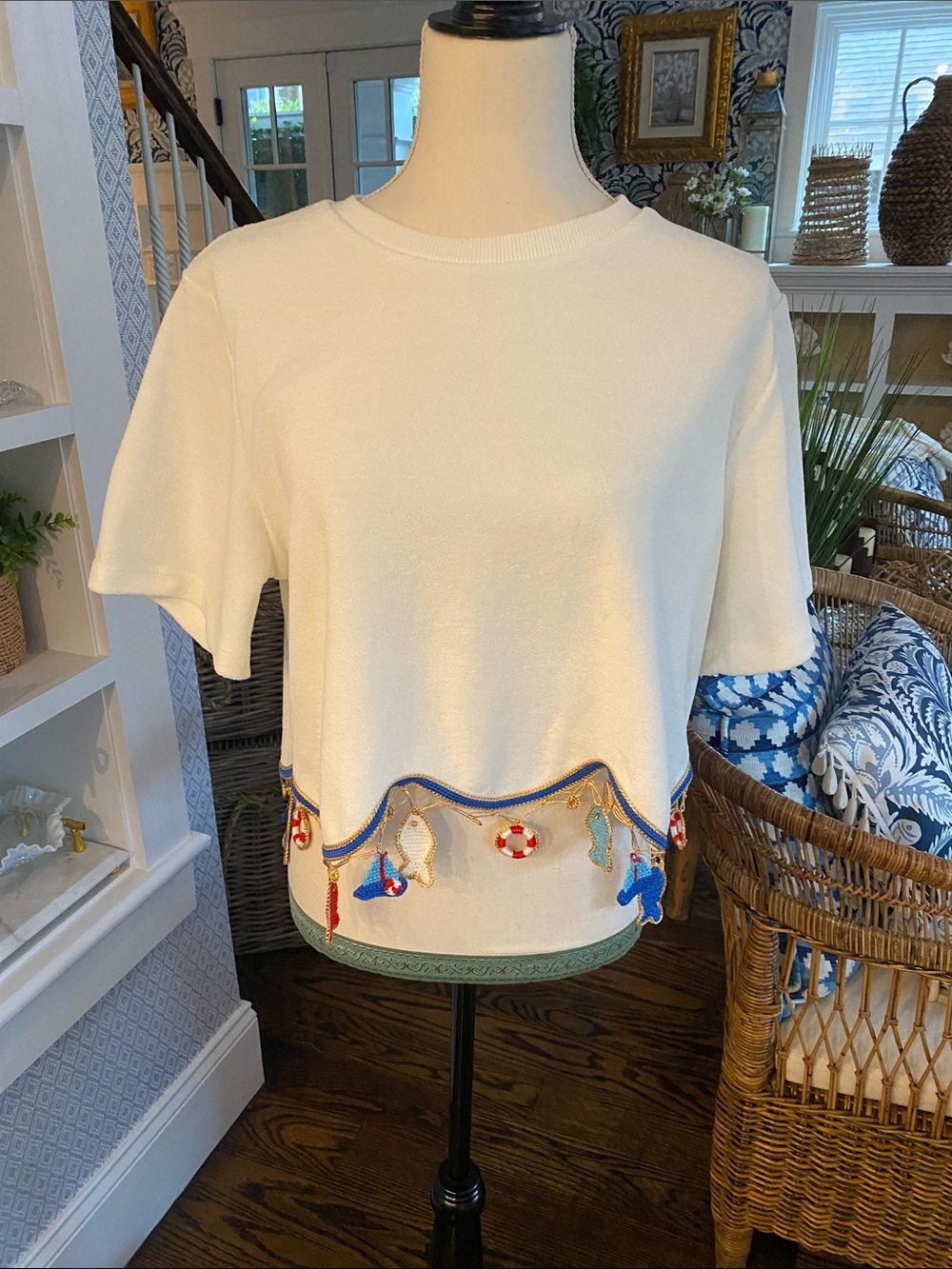 Women's Emily In Paris short sleeve Top with Nautical Charm Trim